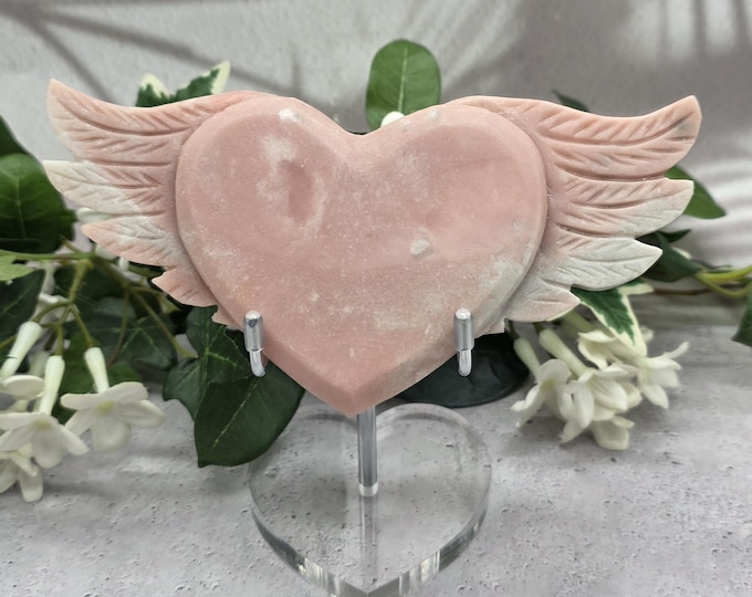 Hand Carved Pink Opal Winged Heart Crystal Decor (Includes Stand)