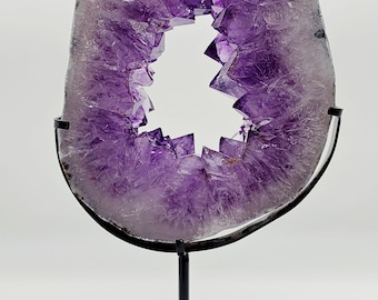 Amethyst Portal Slab: Natural Crystal Geode with Metal Stand