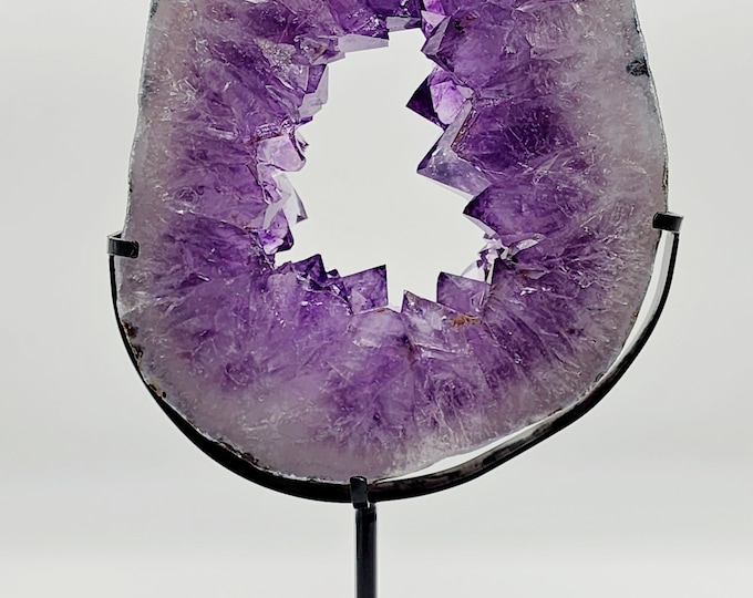 Amethyst Portal Slab: Natural Crystal Geode with Metal Stand