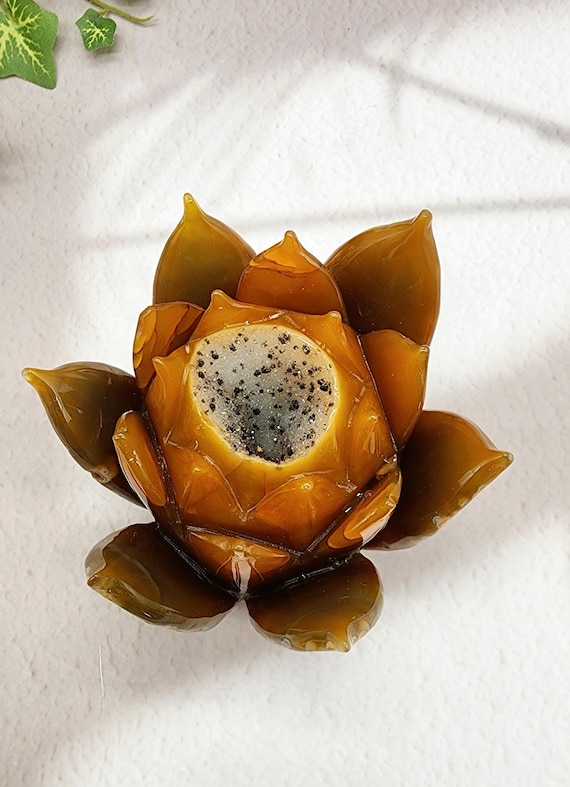 Yellow Druzy Agate Lotus Flower Crystal Lotus Energy Healing Stone Gift Spiritual Decor Meditation Mothers Day Gift Druzy Lotus Carving