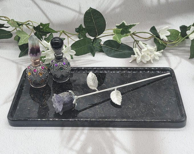 Fireworks Stone Tray Anthophyllite with Garnet Polished Crystal Display Tray Vanity Perfume Jewelry Altar Decor