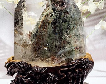 Garden Quartz Point: Thousand Layers Mountain, Rainbow, Handcrafted Wood Stand