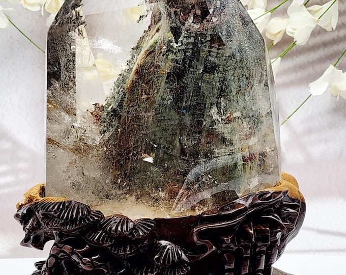 Garden Quartz Point: Thousand Layers Mountain, Rainbow, Handcrafted Wood Stand