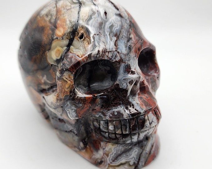 Hand Carved Mexican Crazy Lace Agate Skull: Crystal Healing Stone
