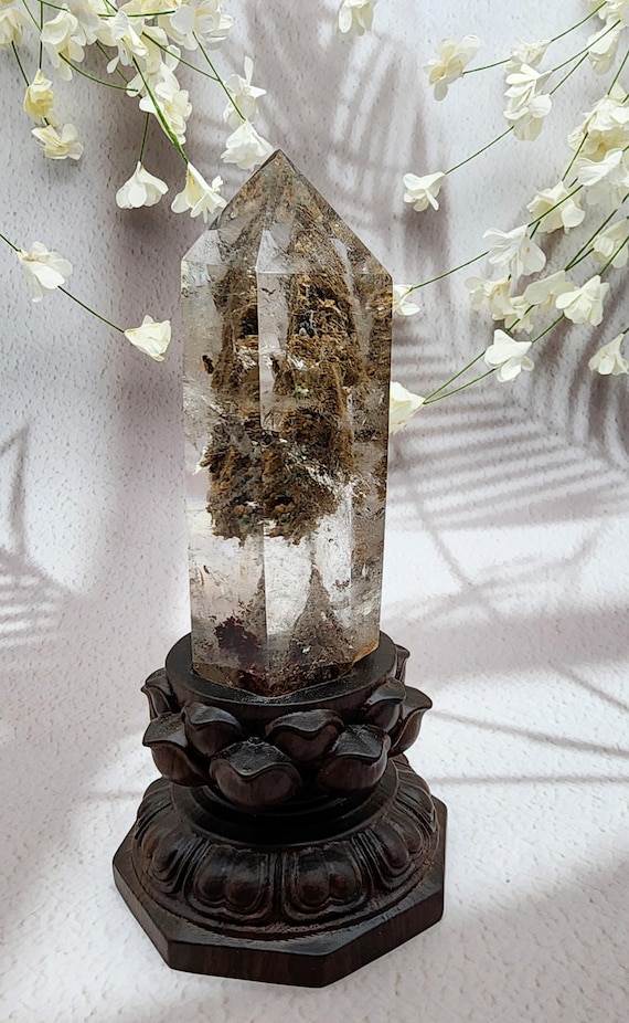 Luxury, Exquisite Garden Quartz Thousand Layers Point, Tower, Freeform, With Complimentary Custom Handcrafted Wood Stand, Nature's Art