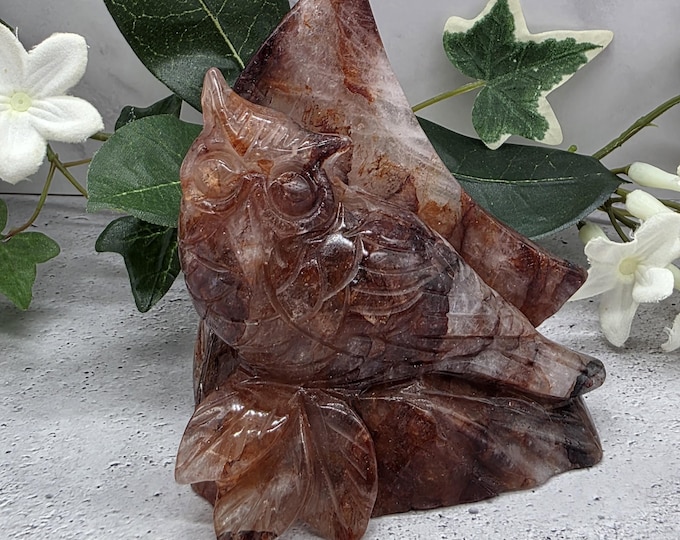 Hand Carved Fire Quartz Owl Moon Carving, Hematoid Quartz Decor