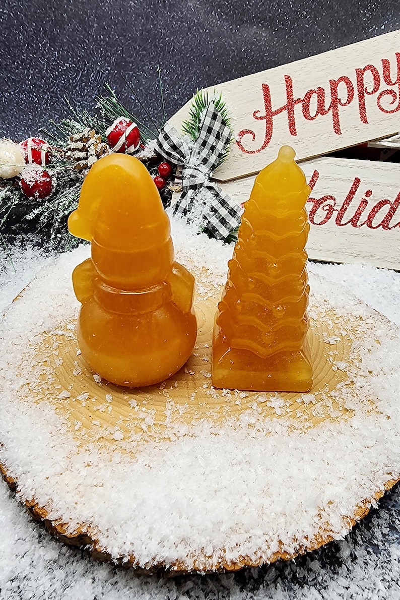 Honey Calcite Crystal Christmas Decorations 2 Piece Set, 1 Christmas Tree 1 Snowman Crystal