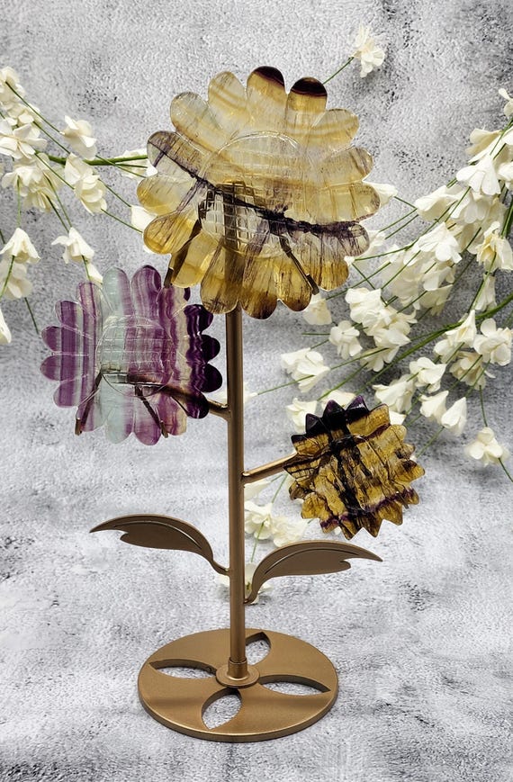 Enchanting Yellow & Purple Fluorite Hand-Carved Flower Bouquet-Carved Sunflower Bouquet With Custom Metal Stand, Forever Blooming Sunflower