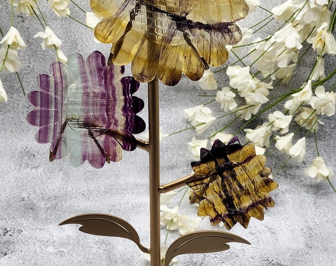 Yellow Fluorite & Rainbow Fluorite Hand-Carved Sunflower Bouquet
