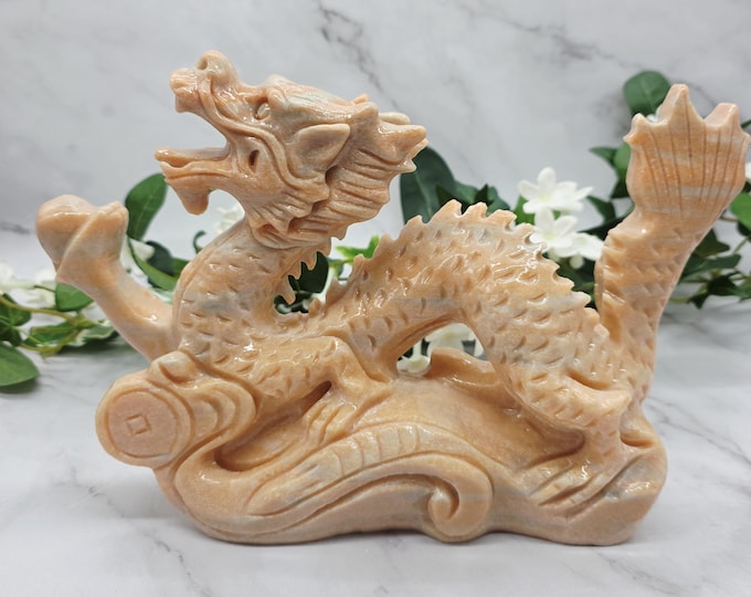 XL Peach Calcite Dragon Carving 6.7 lbs Large Feng Shui Dragon Statue Orange Calcite Dragon Pearl Prosperity Guardian Decor