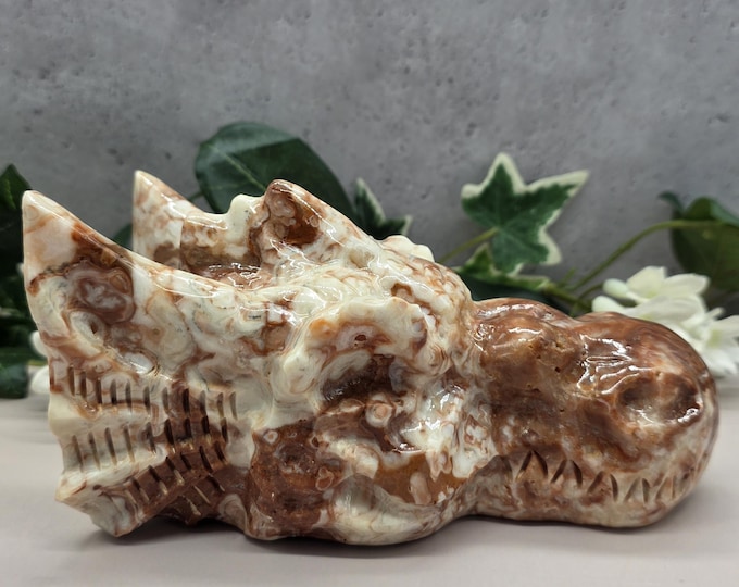 Hand Carved Amber Calcite Dragon Head | Fantasy Stone Sculpture (6" L)