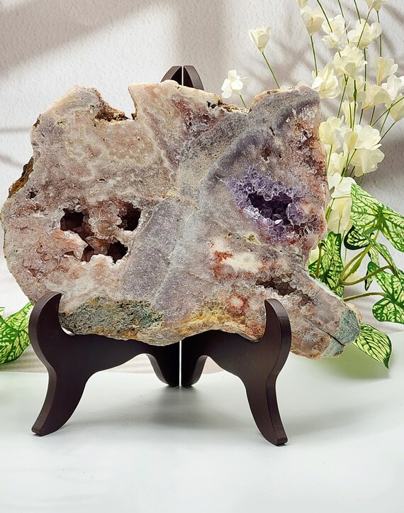 Pink Amethsyt Slab, Polished Druzy Amethyst Slab, Large Natural Amethyst Slab, Wood Stand Included, Nice Druzy