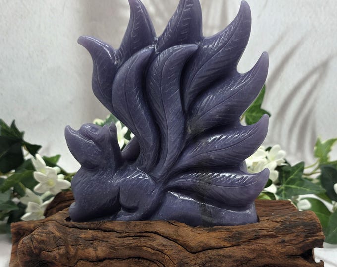 Lepidolite Nine-Tailed Fox Carving, Natural Wood Base, Fantasy Crystal Animal, Woodland Decor