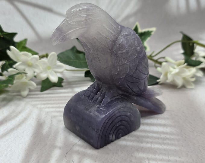Hand Carved Lepidolite Raven: Purple Crystal Bird Carving (1 lb 7.5 oz)
