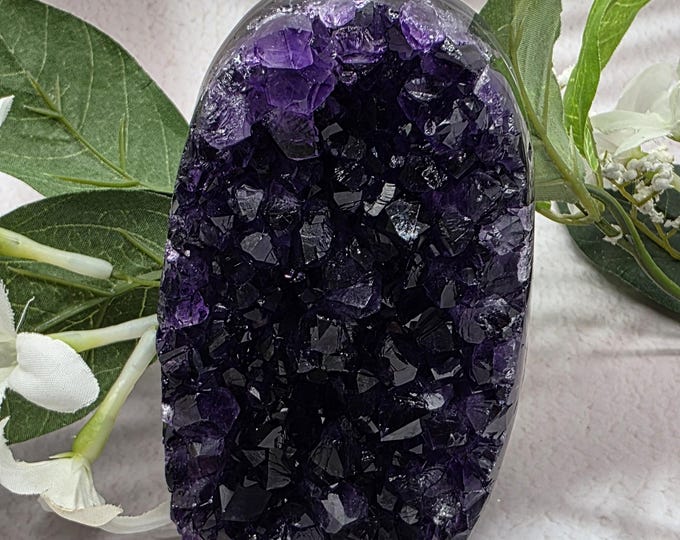 Uruguay Amethyst Freeform Deep Purple Crystal Geode Standing Druzy Cluster Polished Agate Side Natural Gemstone Décor