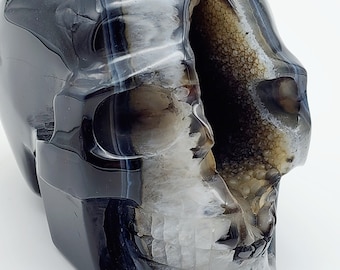 Hand Carved Black Agate Skull: Druzy Crystal Healing Stone