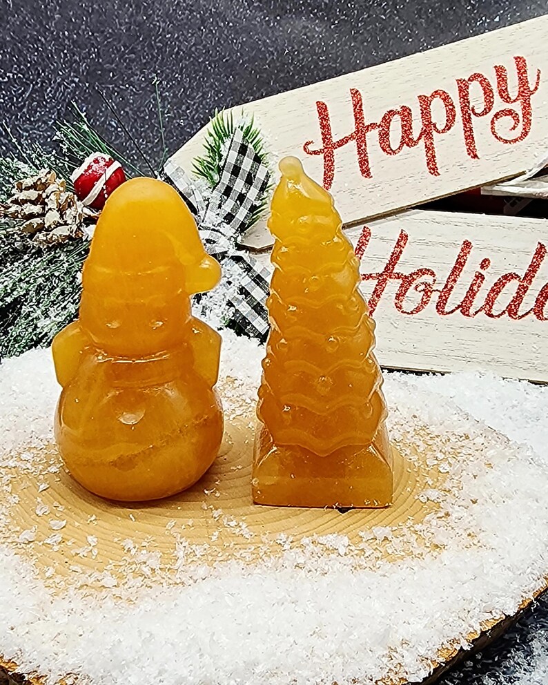 Honey Calcite Crystal Christmas Decorations 2 Piece Set, 1 Christmas Tree 1 Snowman Crystal
