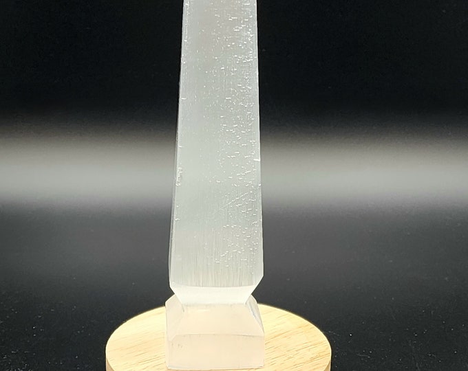 Hand-Carved Selenite Tower with Color Changing Wood Base