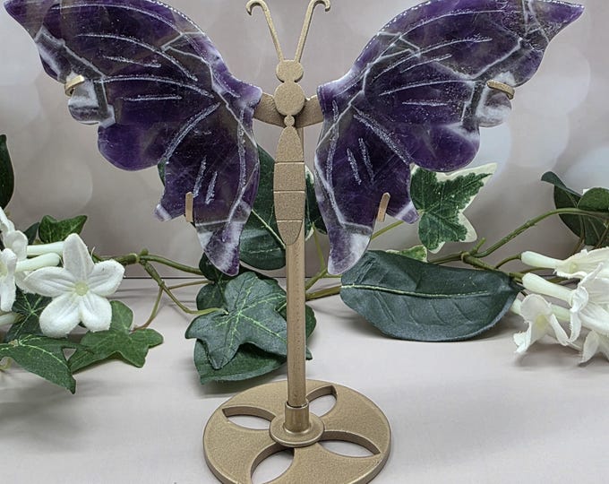 Hand-Carved Dream Amethyst Butterfly Wings, Gold Metal Stand, Chevron Crystal Decor