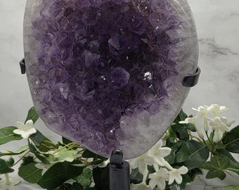 Large Uruguay Amethyst Druzy Freeform on Stand 13” Tall Deep Purple Crystal Statement Piece 13 lb Collector Display Polished Agate Back