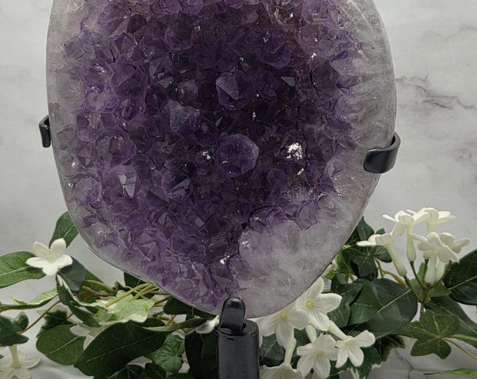 Large Uruguay Amethyst Druzy Freeform on Stand 13” Tall Deep Purple Crystal Statement Piece 13 lb Collector Display Polished Agate Back