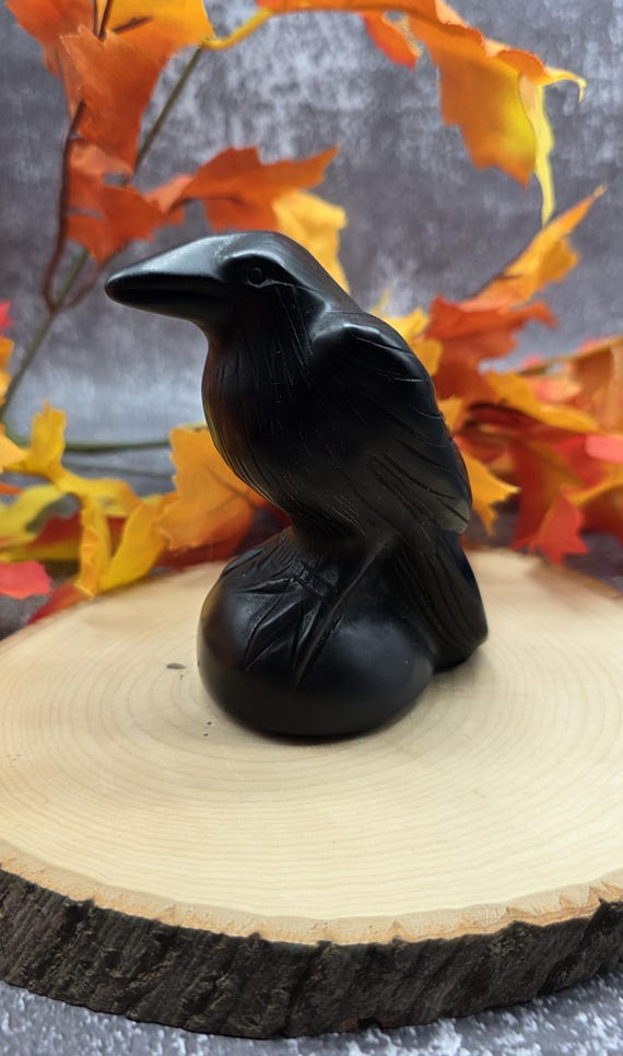 Black Obsidian Raven Crow Carving • Hand Carved Crystal Bird • Halloween Decor • Protection Stone Figurine • Spiritual Gift, Gothic, Witchy