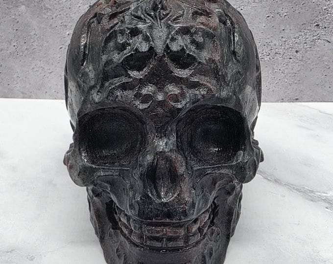 Hand Carved Garnet Skull | Natural Crystal with Baroque Floral Scrollwork