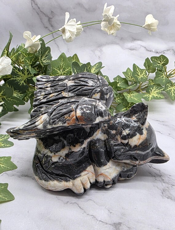Zebra Jasper Winged Angel Cat, Gemstone Memorial Angel Cat Statue, Pet Loss Fiqure Gift, Pet Remembrance Carving, Natural Crystal Energy