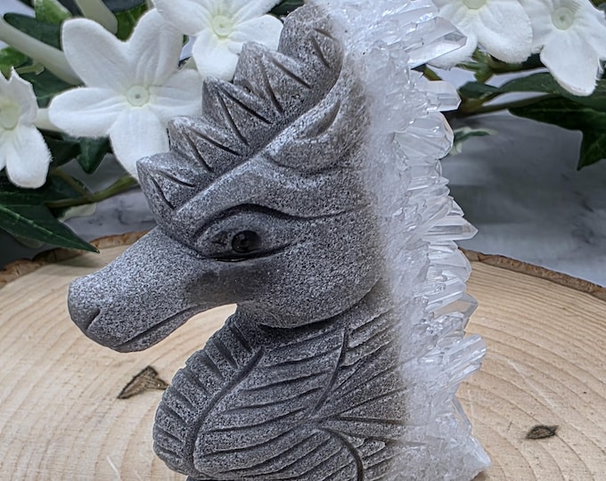 Hand-Carved Quartz Cluster Seahorse • Natural Crystal Seahorse Sculpture • Raw Quartz Points • Ocean Spirit Carving • Unique Crystal Art