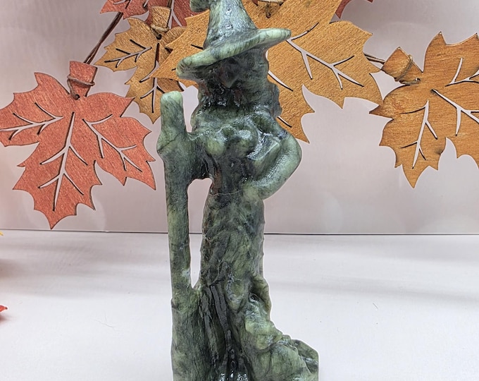 Hand Carved Xiuyan Jade Witch with Cat: Gothic Halloween Figurine