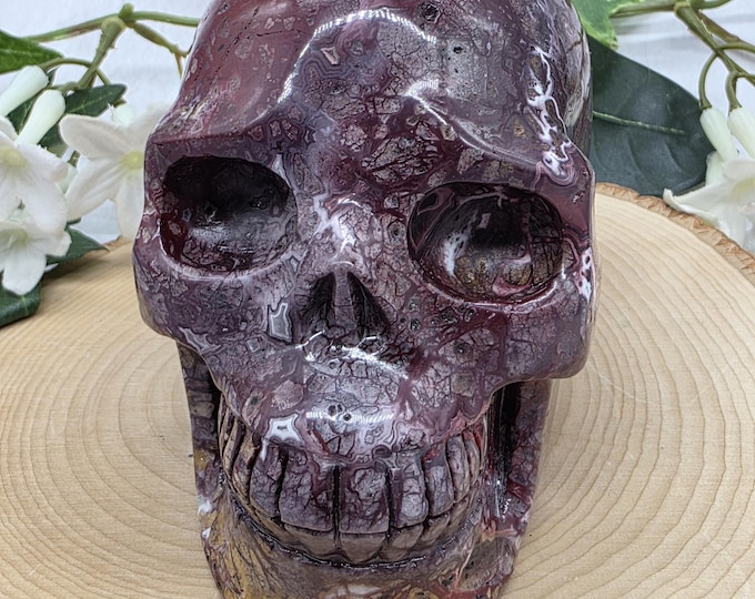 Mexican Agate Skull Hand Carved Crystal, Red Lace Agate Gothic Decor Collector Piece