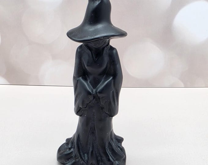 Black Obsidian Witch Carving, Gothic Halloween Crystal Decor, Spooky Witch Statue