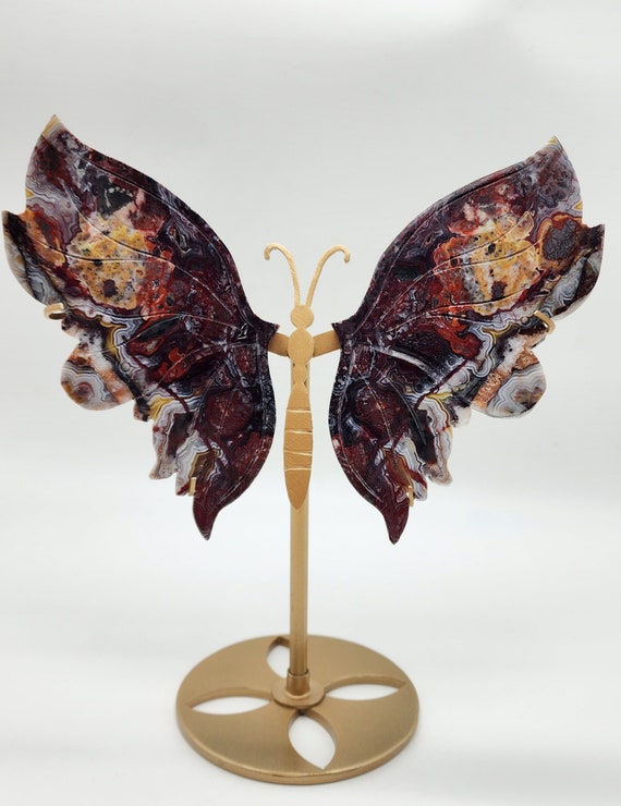 Mexican Agate Butterfly Wings And Stand, Crazy Lace Agate, Laughing Stone, Gemstone Butterfly Wings, Gift For Collectors, Gifts For Her