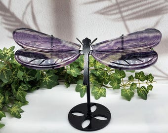 Hand Carved Purple Fluorite Dragonfly Wings with Custom Stand