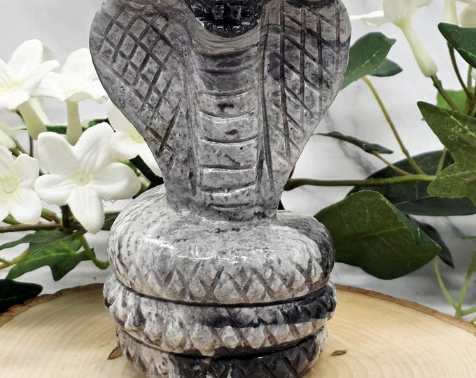 Gray Nephrite Jade Cobra 5.1” Hand Carved Snake Statue Natural Jade Serpent Sculpture Protection Crystal Guardian Stone Animal Carving