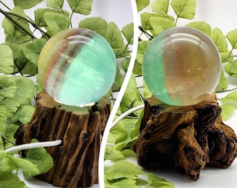 Candy Fluorite Sphere with Lighted Natural Wood Stand