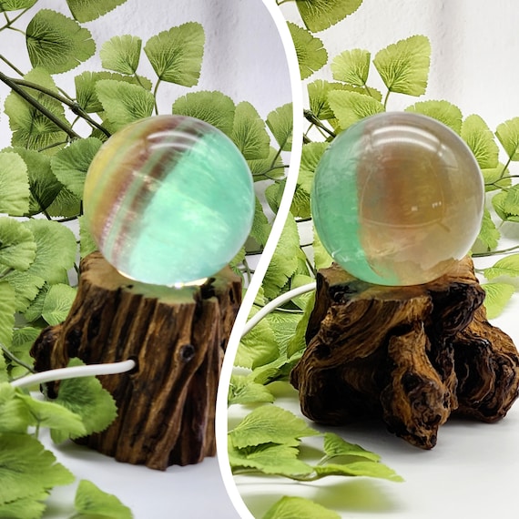 Candy Flourite Sphere With Free Lighted Natural Wood Stand, Flourite Sphere And Stand, Positive Energy Healing