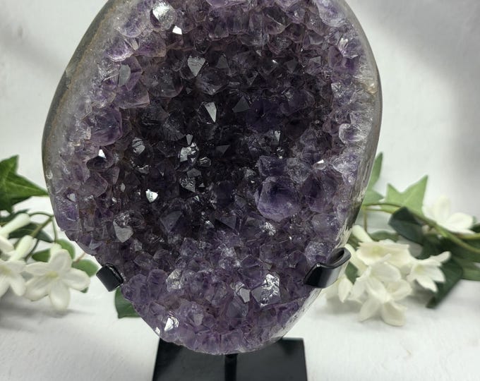 Uruguay Amethyst Cluster 2LB 15.7OZ Purple Crystal on Metal Display Stand