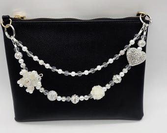 Bling Double Side Heart Bag Chain | Phone Wristlet | White Silver Beaded Charm | Keychain | Fashion jewelry