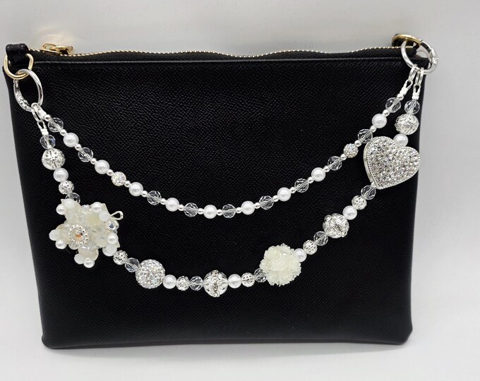 Bling Double Side Heart Bag Chain | Phone Wristlet | White Silver Beaded Charm | Keychain | Fashion jewelry