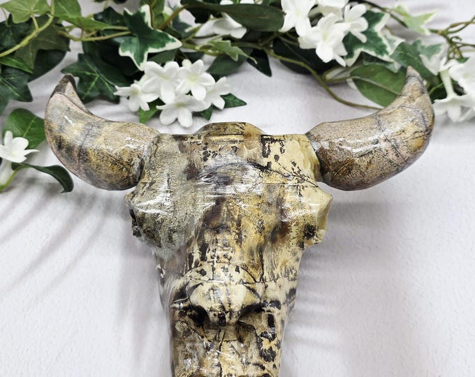 Picture Jasper Longhorn Bull Skull Carving, 9 Inch Western Stone Wall Decor