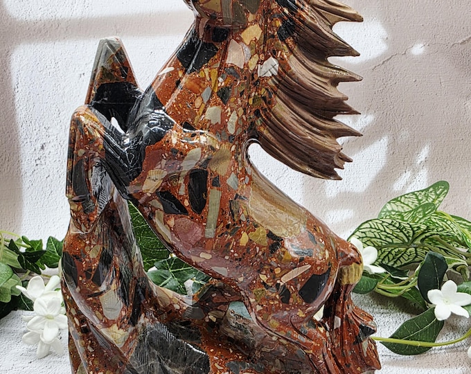 Large Brecciated Jasper Rearing Horse Sculpture, Hand Carved Crystal Statue, Equestrian Decor