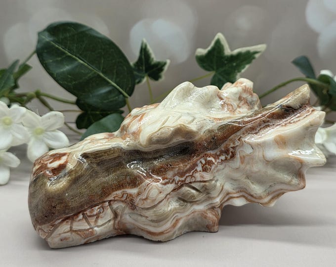 Hand Carved Amber Calcite Dragon Head | Fantasy Stone Sculpture (5" L)