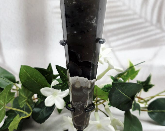 Volcano Agate UV Reactive Wand on Metal Stand | 6" Polished Agate Tower | Fluorescent Gemstone Decor | Grounding Energy Crystal Gift