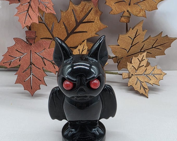 Black Obsidian Bat Carving, UV Reactive Red Eyes, Gothic Halloween Figurine