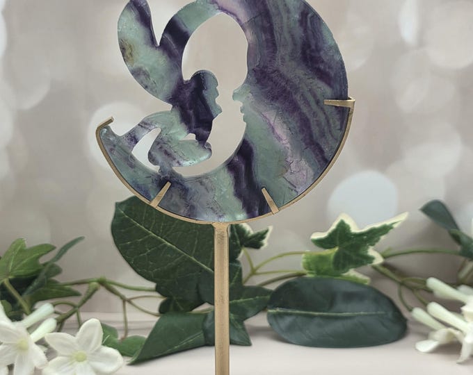 Hand Carved Rainbow Fluorite Fairy on Crescent Moon, Gold Stand (3.48" x 3.42")