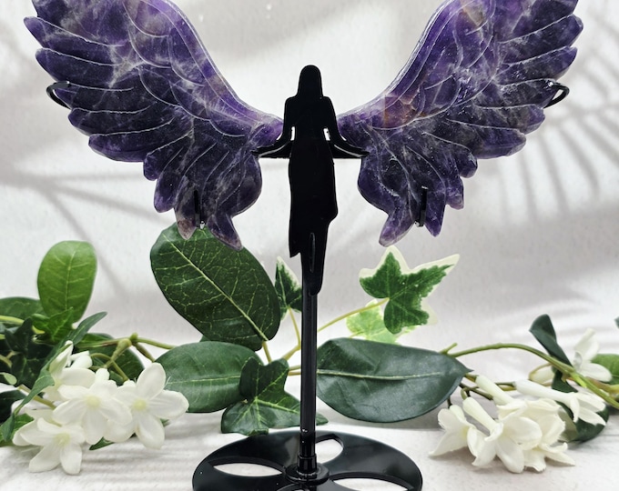 Hand-Carved Amethyst Angel Wings on Metal Stand, Purple Crystal Décor