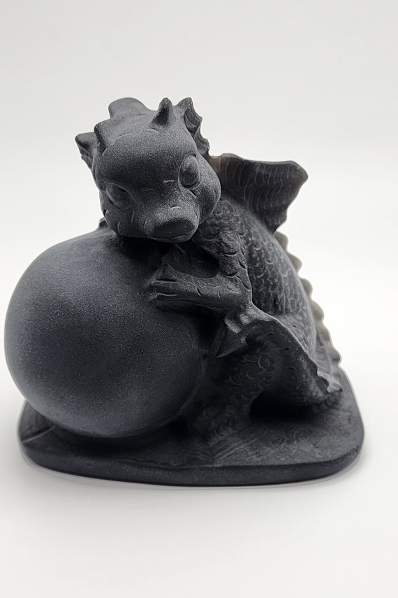 Obsidian Baby Dragon With Sphere, Nice Detail, Adorable Baby Dragon, Hand Carved in Unpolished  Black Obsidian Gemstone