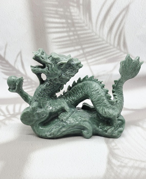 XL Serpentine Dragon Statue: Hand-Carved New Jade Crystal Figurine