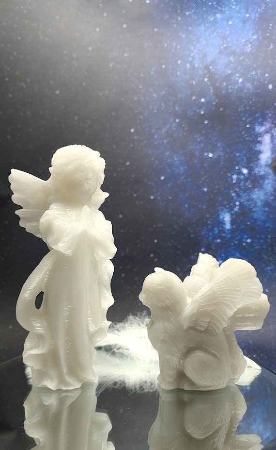 White Jade Winged Angel Cat With Guardian Angel, Gemstone Memorial Angel Cat, Pet Loss Gift, Pet Remembrance Carving, Natural Crystal Energy